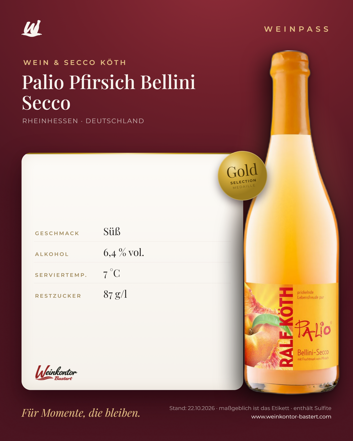 Palio Pfirsich Bellini Secco Ralf Köth – Rheinhessen – Weinpass | Weinkontor Bastert