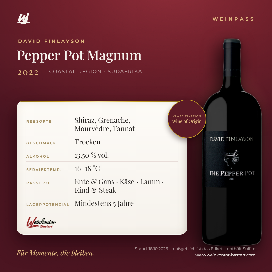 Pepper Pot Magnum David Finlayson – Coastal Region – Weinpass | Weinkontor Bastert