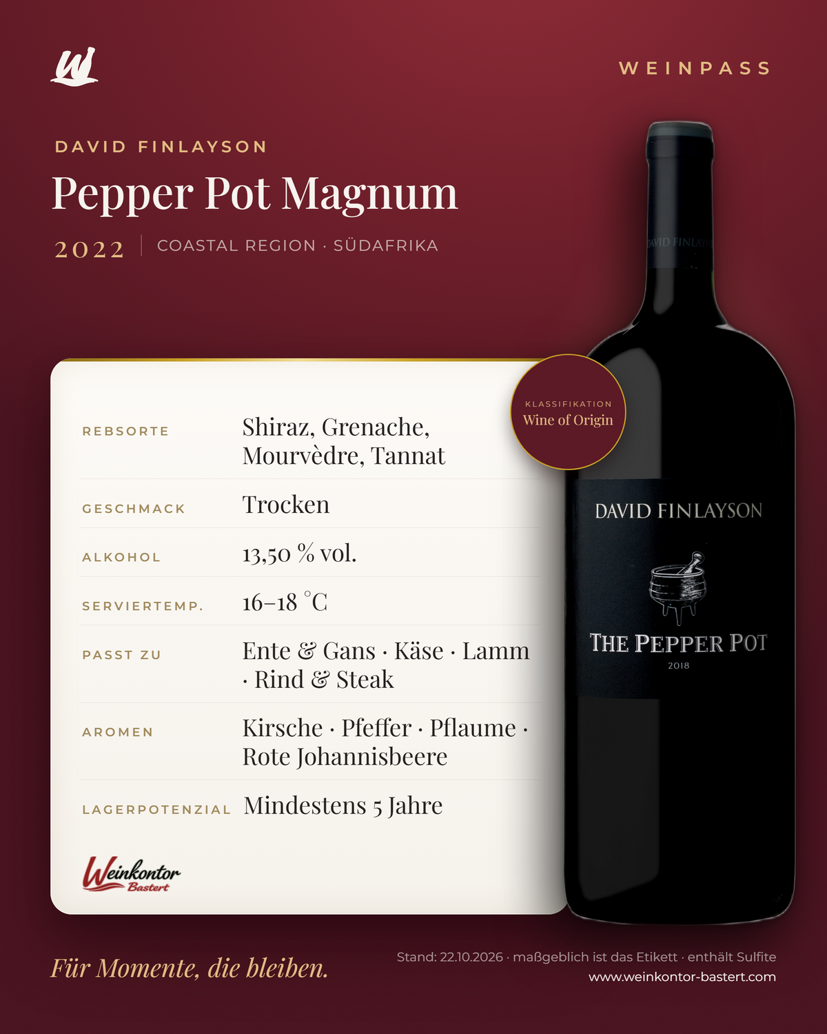 Pepper Pot Magnum David Finlayson – Coastal Region – Weinpass | Weinkontor Bastert