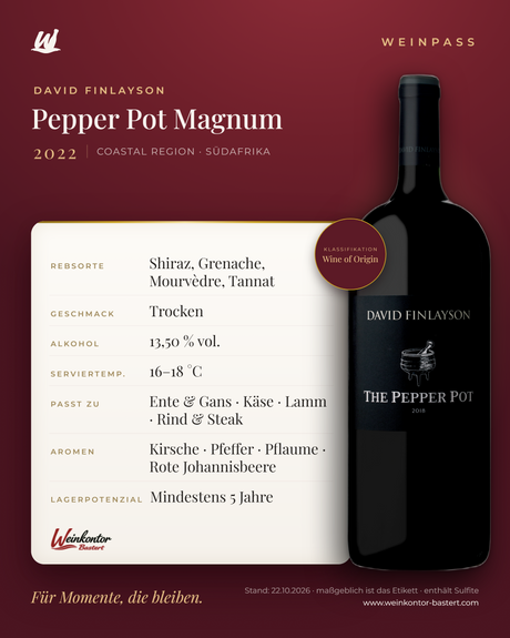 Pepper Pot Magnum David Finlayson – Coastal Region – Weinpass | Weinkontor Bastert