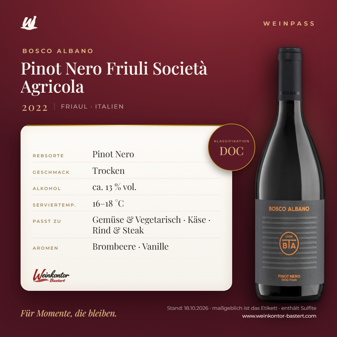 Pinot Nero Friuli Società Agricola Bosco Albano DOC – Friaul – Weinpass | Weinkontor Bastert