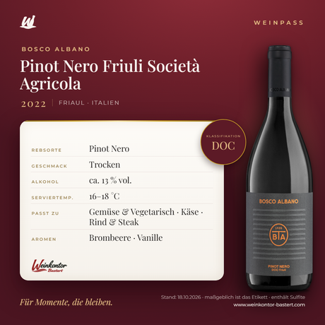 Pinot Nero Friuli Società Agricola Bosco Albano DOC – Friaul – Weinpass | Weinkontor Bastert
