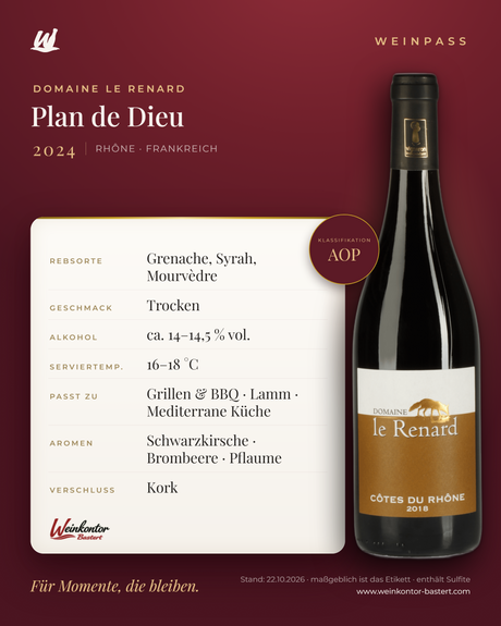 Plan de Dieu Domaine le Renard AOP – Côtes du Rhône Villages – Weinpass | Weinkontor Bastert