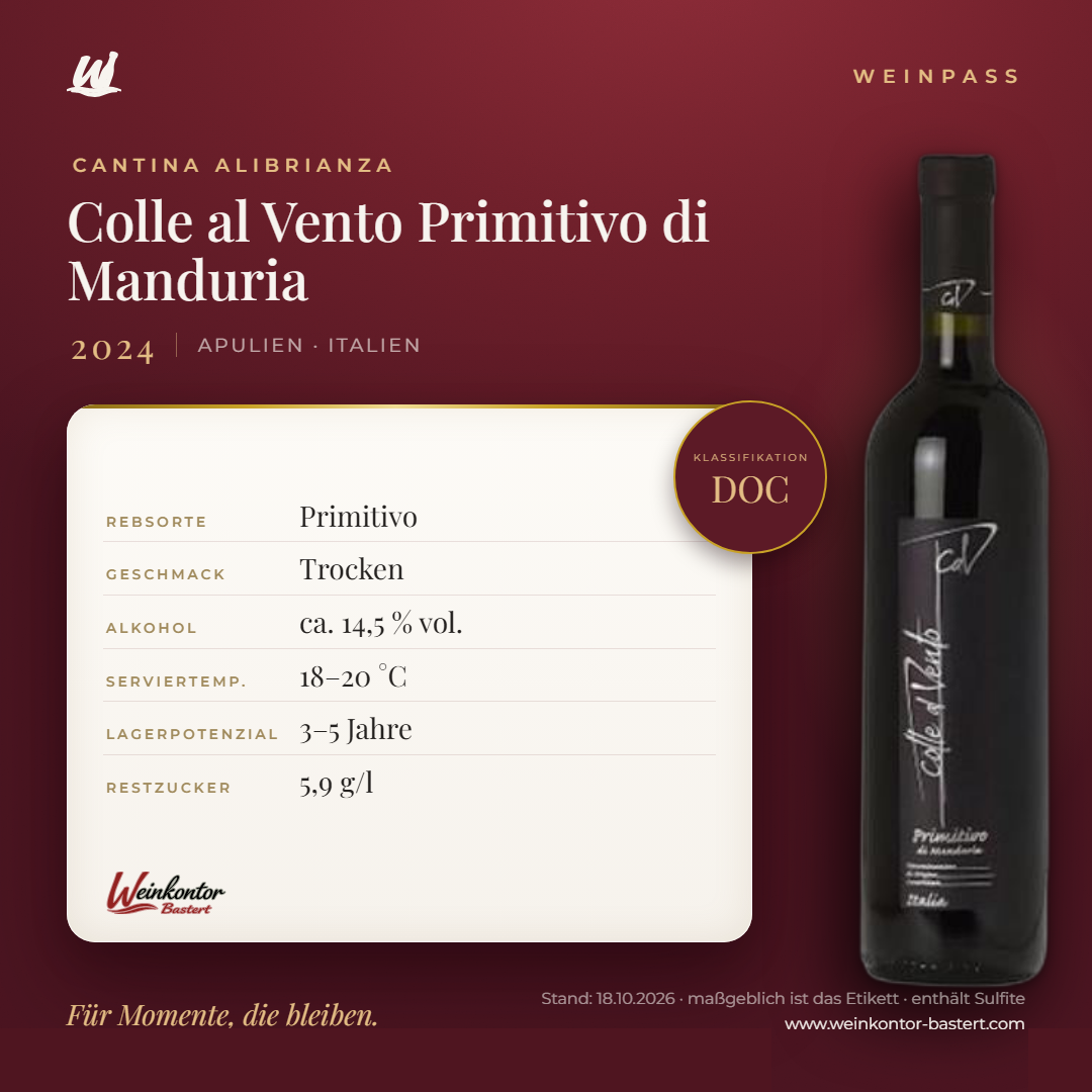 Colle al Vento Primitivo di Manduria Cantina Alibrianza DOC – Apulien – Weinpass | Weinkontor Bastert