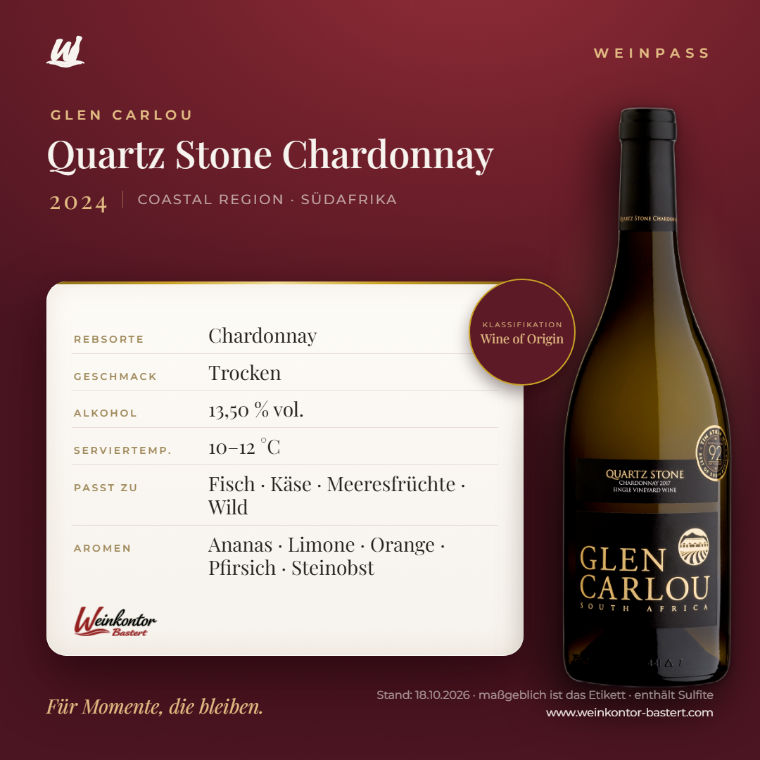 Quartz Stone Chardonnay Glen Carlou – Coastal Region – Weinpass | Weinkontor Bastert