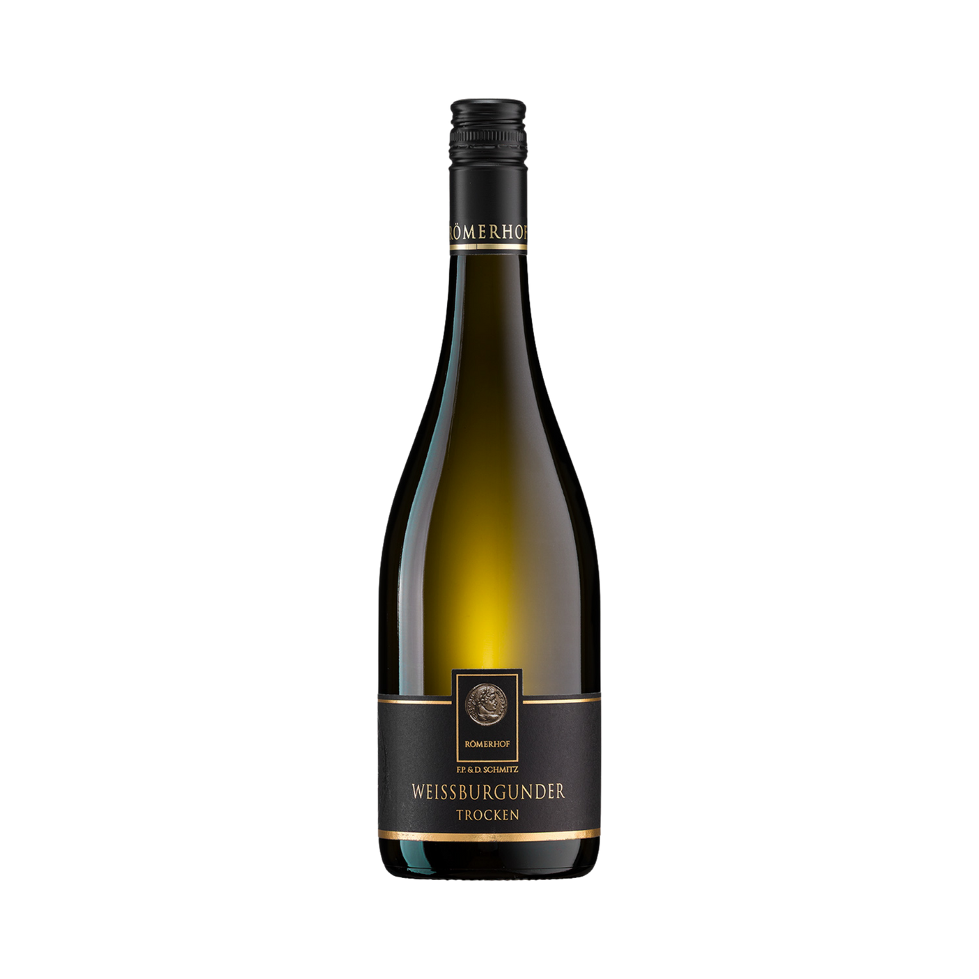 Flasche Römerhof Weißburgunder Qualitätswein trocken, Herkunft Mosel Deutschland.