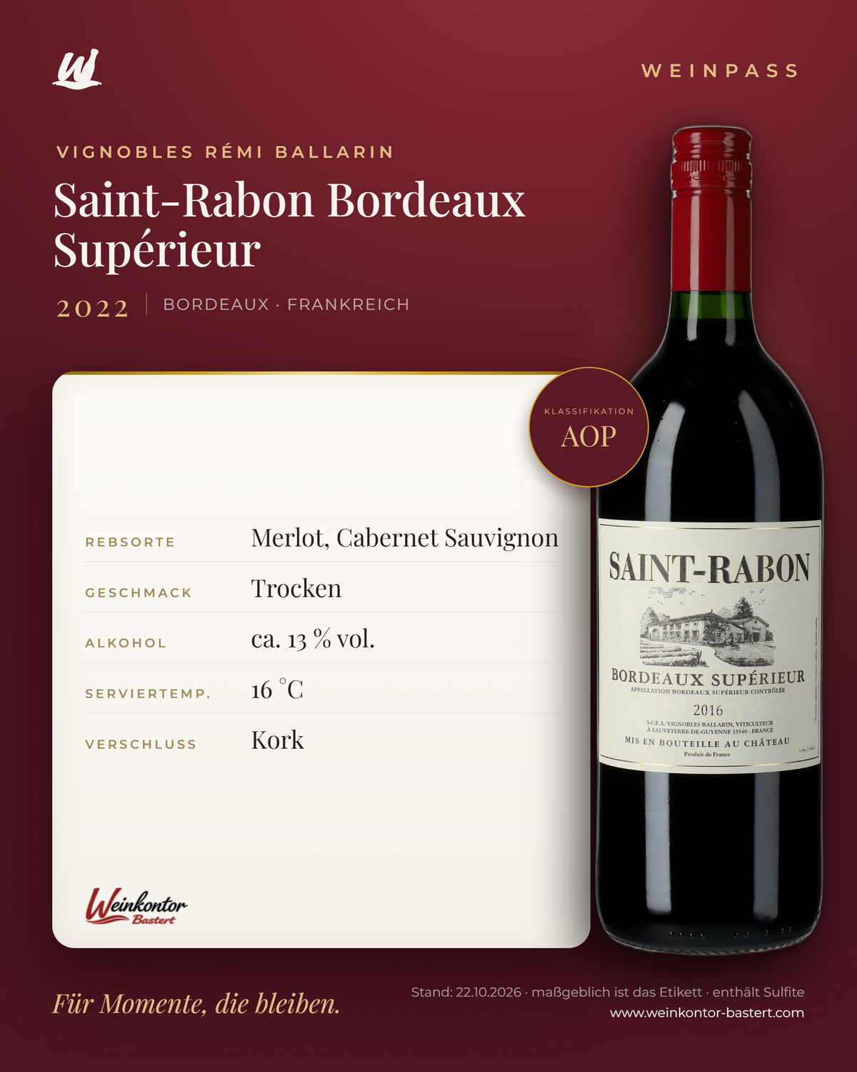 Saint-Rabon Bordeaux Supérieur AOP Vignobles Rémi Ballarin – Bordeaux – Weinpass | Weinkontor Bastert