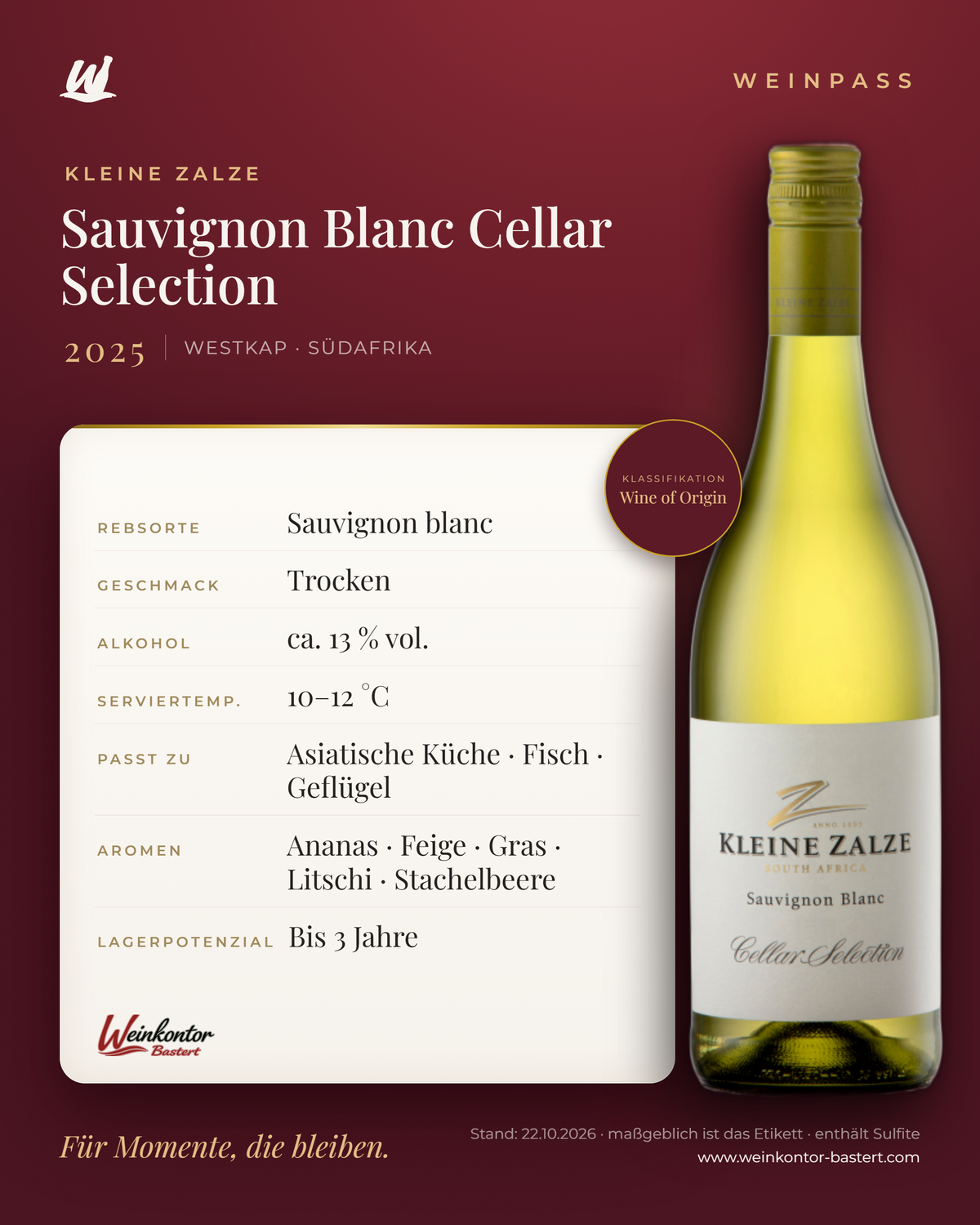 Sauvignon Blanc Cellar Selection Kleine Zalze – Westkap – Weinpass | Weinkontor Bastert