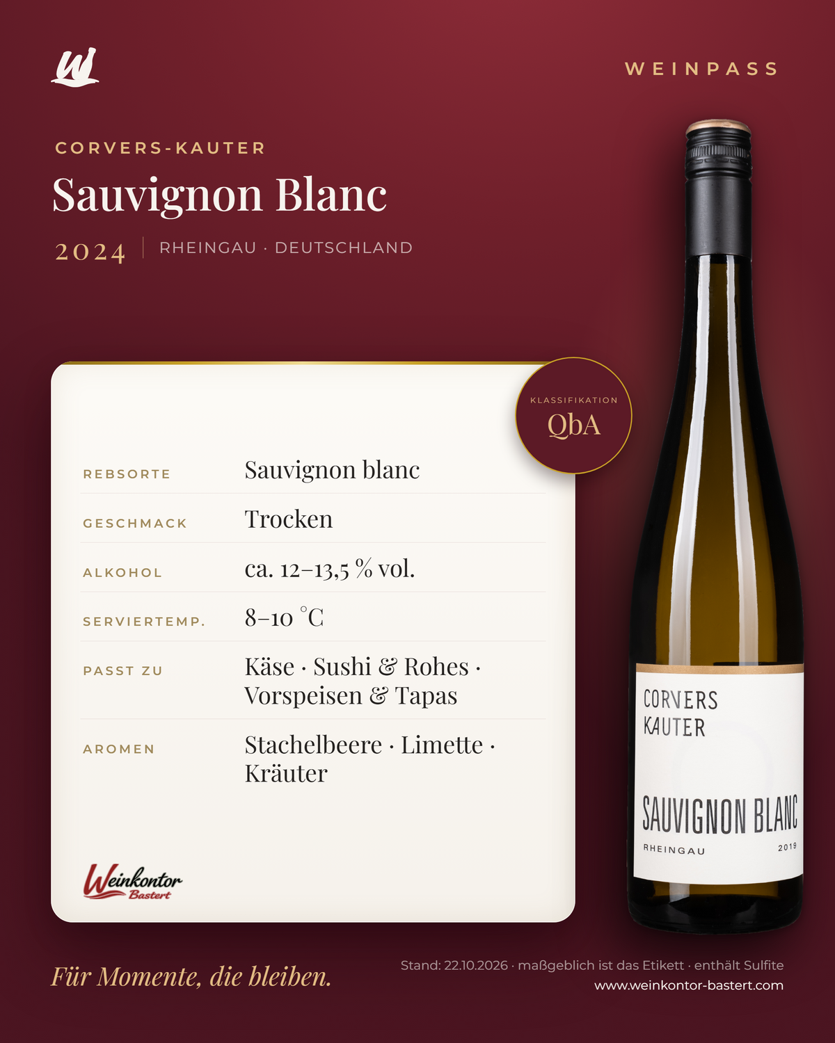 Sauvignon Blanc Corvers-Kauter QbA – Rheingau – Weinpass | Weinkontor Bastert