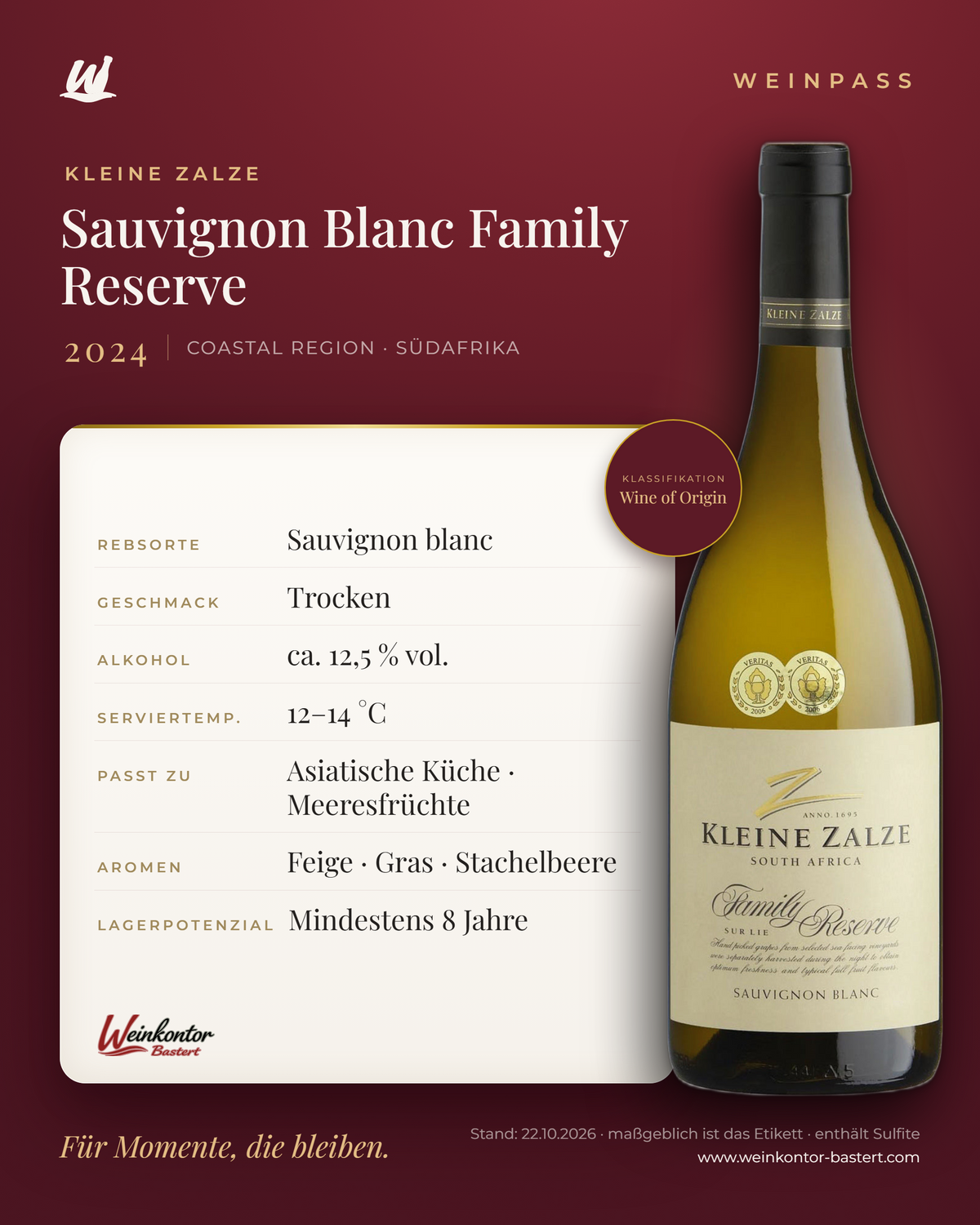 Sauvignon Blanc Family Reserve Kleine Zalze – Coastal Region – Weinpass | Weinkontor Bastert