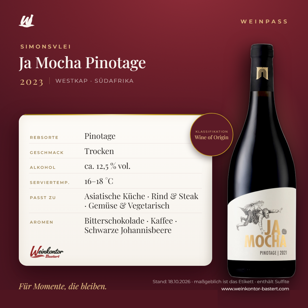 Ja Mocha Pinotage Simonsvlei – Westkap – Weinpass | Weinkontor Bastert