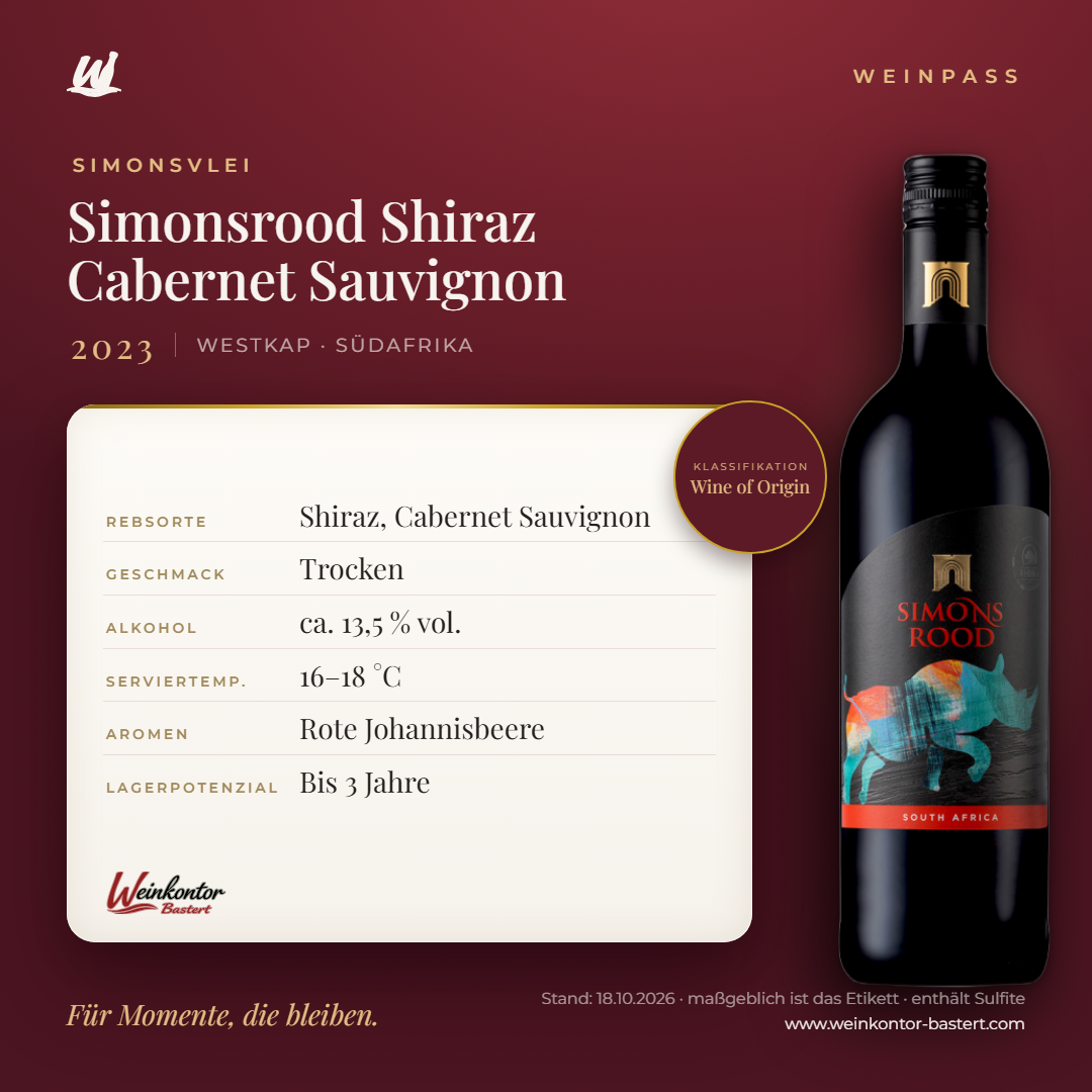 Simonsrood Shiraz Cabernet Sauvignon Simonsvlei – Westkap – Weinpass | Weinkontor Bastert