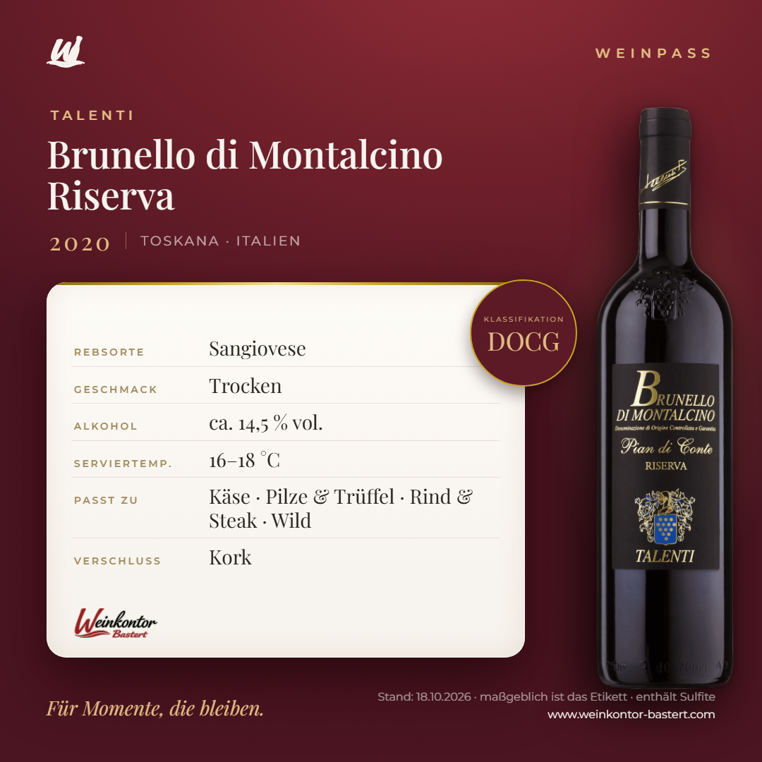 Brunello di Montalcino Riserva Talenti DOCG – Toskana – Weinpass | Weinkontor Bastert