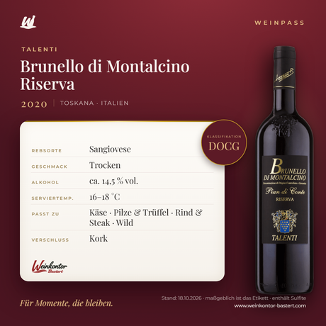 Brunello di Montalcino Riserva Talenti DOCG – Toskana – Weinpass | Weinkontor Bastert
