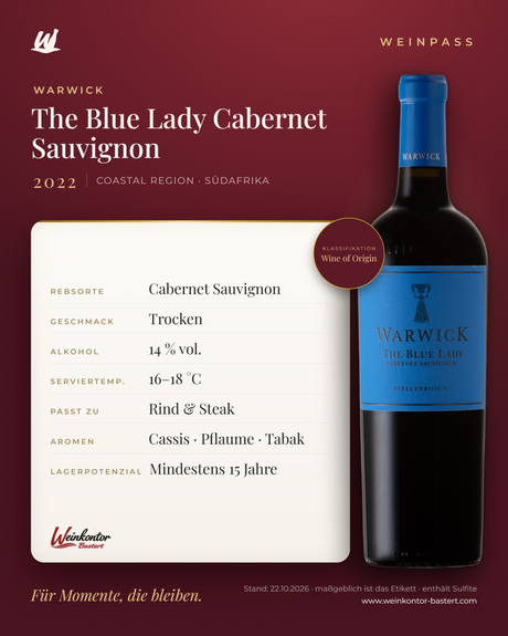 The Blue Lady Cabernet Sauvignon Warwick – Coastal Region – Weinpass | Weinkontor Bastert