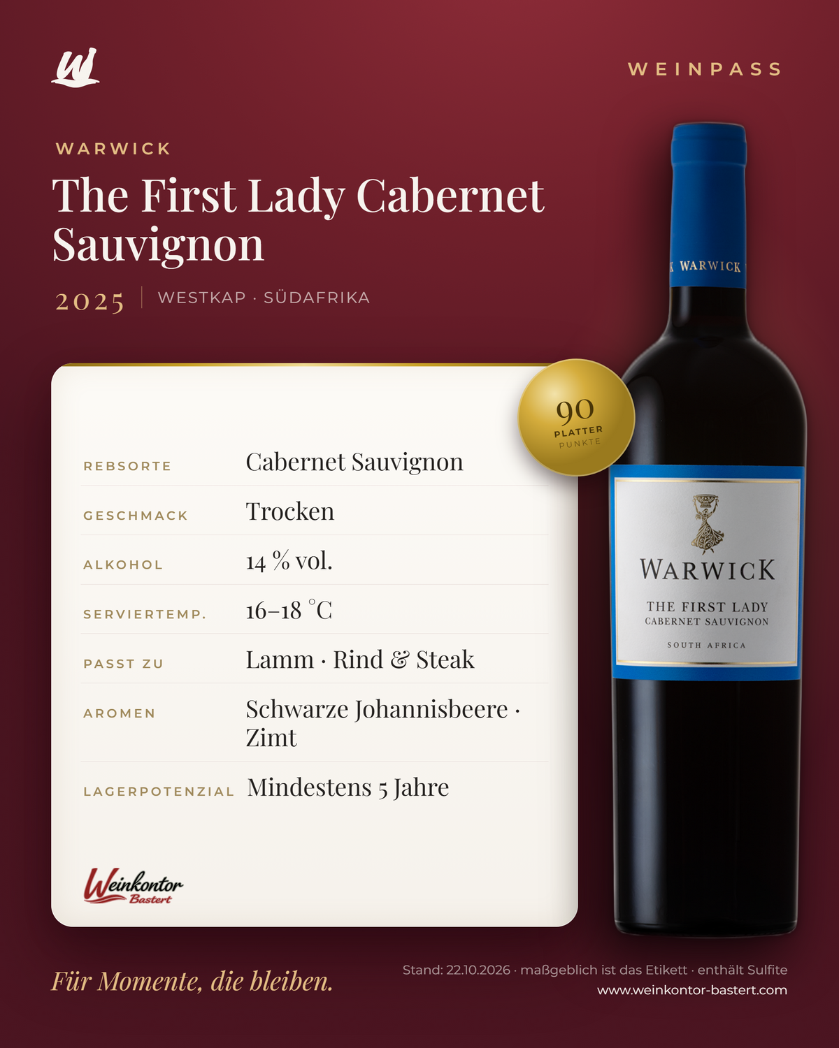 The First Lady Cabernet Sauvignon Warwick – Westkap – Weinpass | Weinkontor Bastert