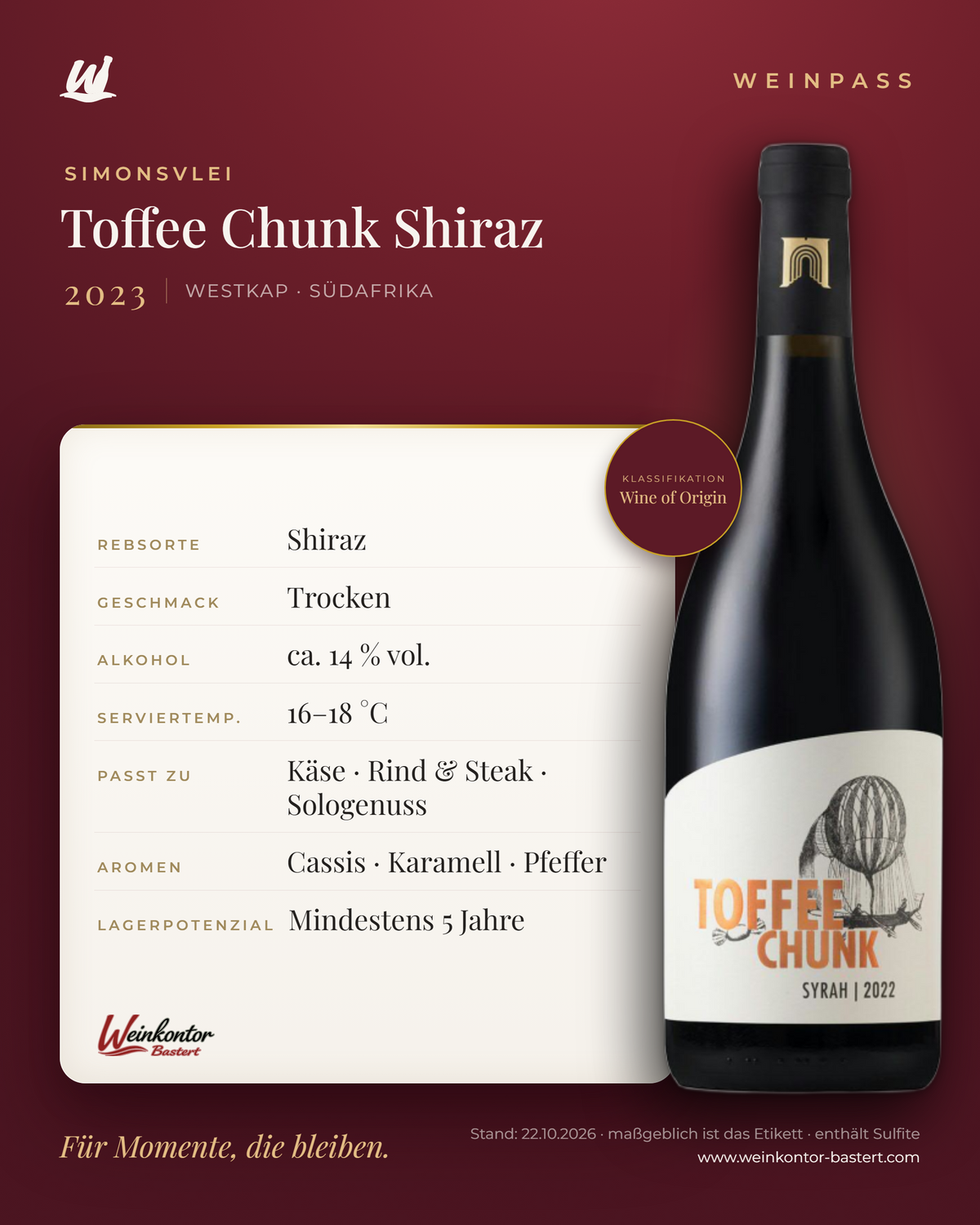 Toffee Chunk Shiraz Simonsvlei – Westkap – Weinpass | Weinkontor Bastert