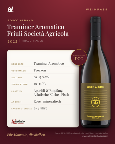 Traminer Aromatico Friuli Società Agricola Bosco Albano DOC – Friaul – Weinpass | Weinkontor Bastert
