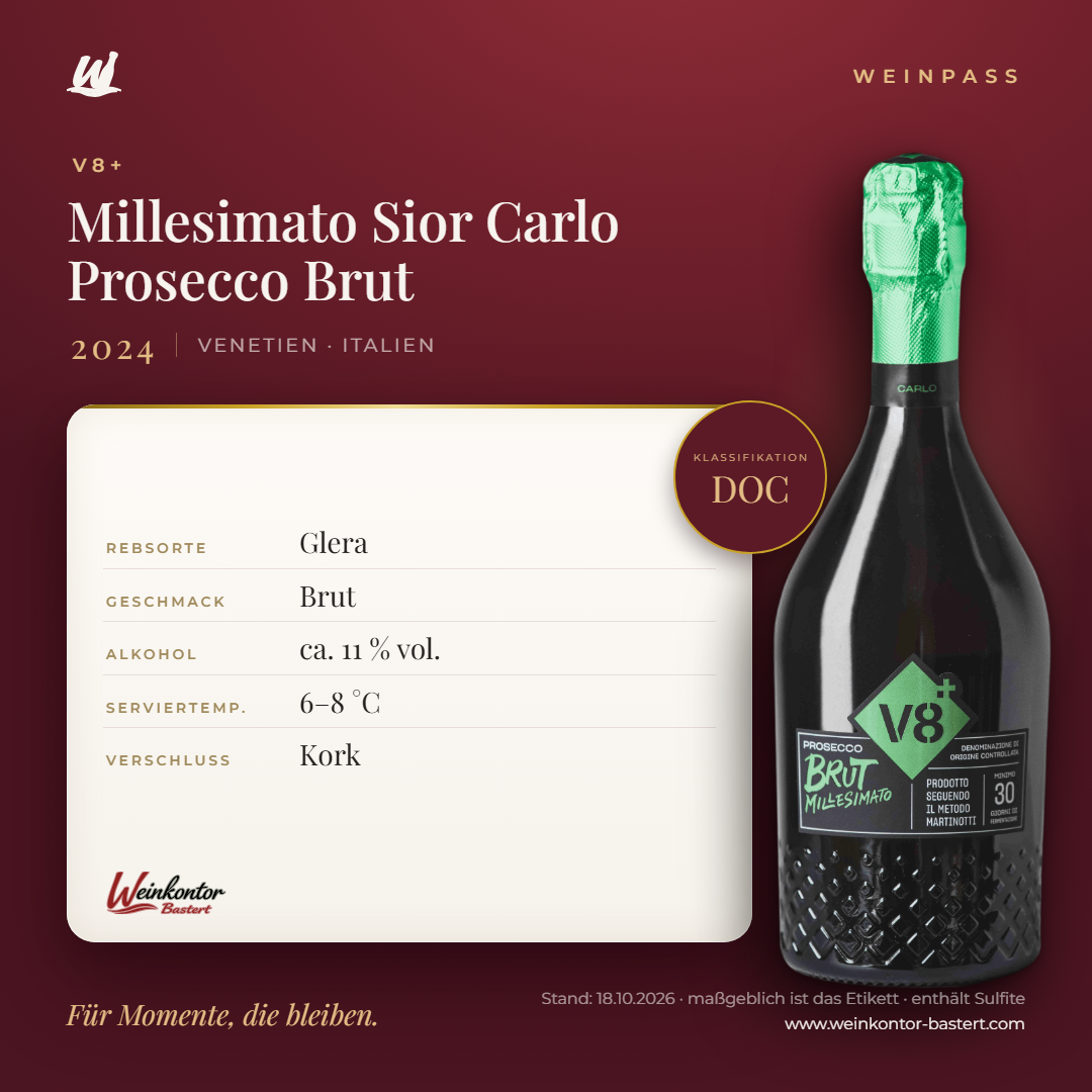 V8+ Millesimato Sior Carlo Prosecco DOC Brut – Venetien – Weinpass | Weinkontor Bastert