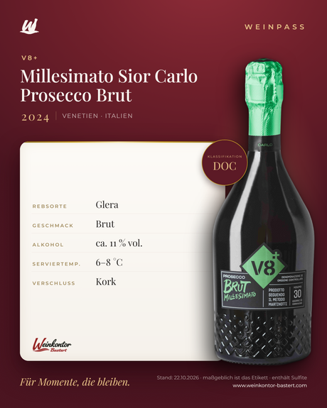 V8+ Millesimato Sior Carlo Prosecco DOC Brut – Venetien – Weinpass | Weinkontor Bastert