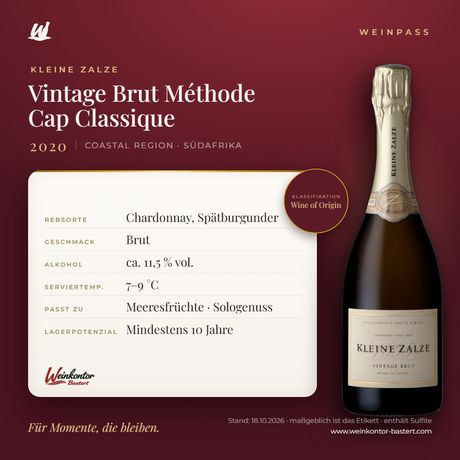 Vintage Brut Méthode Cap Classique Kleine Zalze – Coastal Region – Weinpass | Weinkontor Bastert