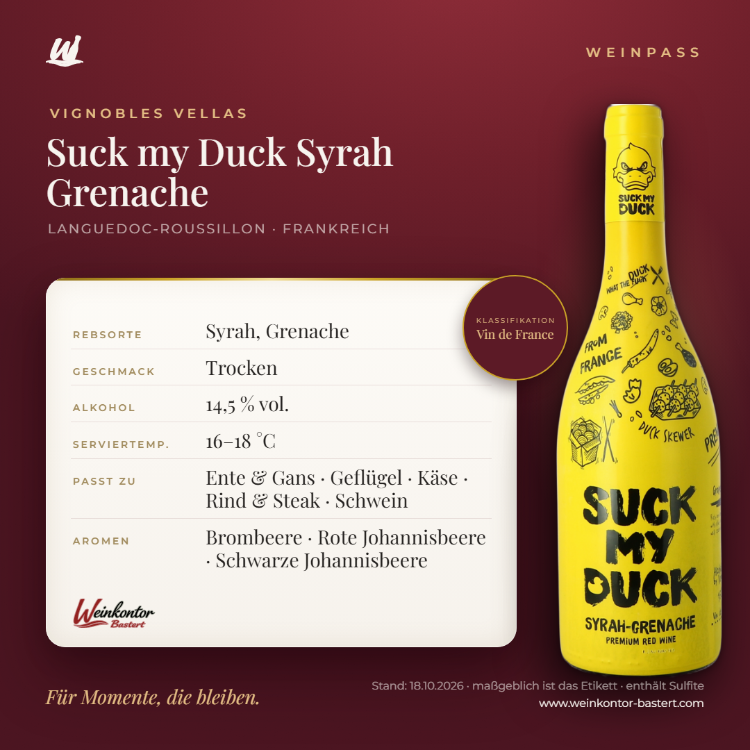 Suck my Duck Syrah Grenache Vignobles Vellas – Languedoc-Roussillon – Weinpass | Weinkontor Bastert