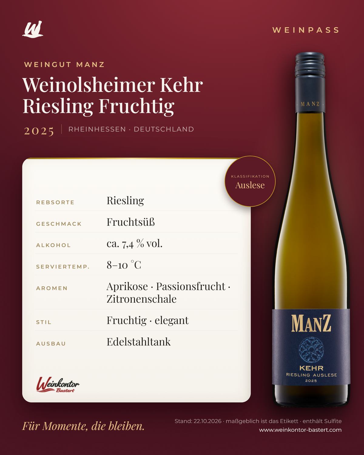 Weinolsheimer Kehr Riesling Auslese Fruchtig Manz 6er-Karton – Rheinhessen – Weinpass | Weinkontor Bastert