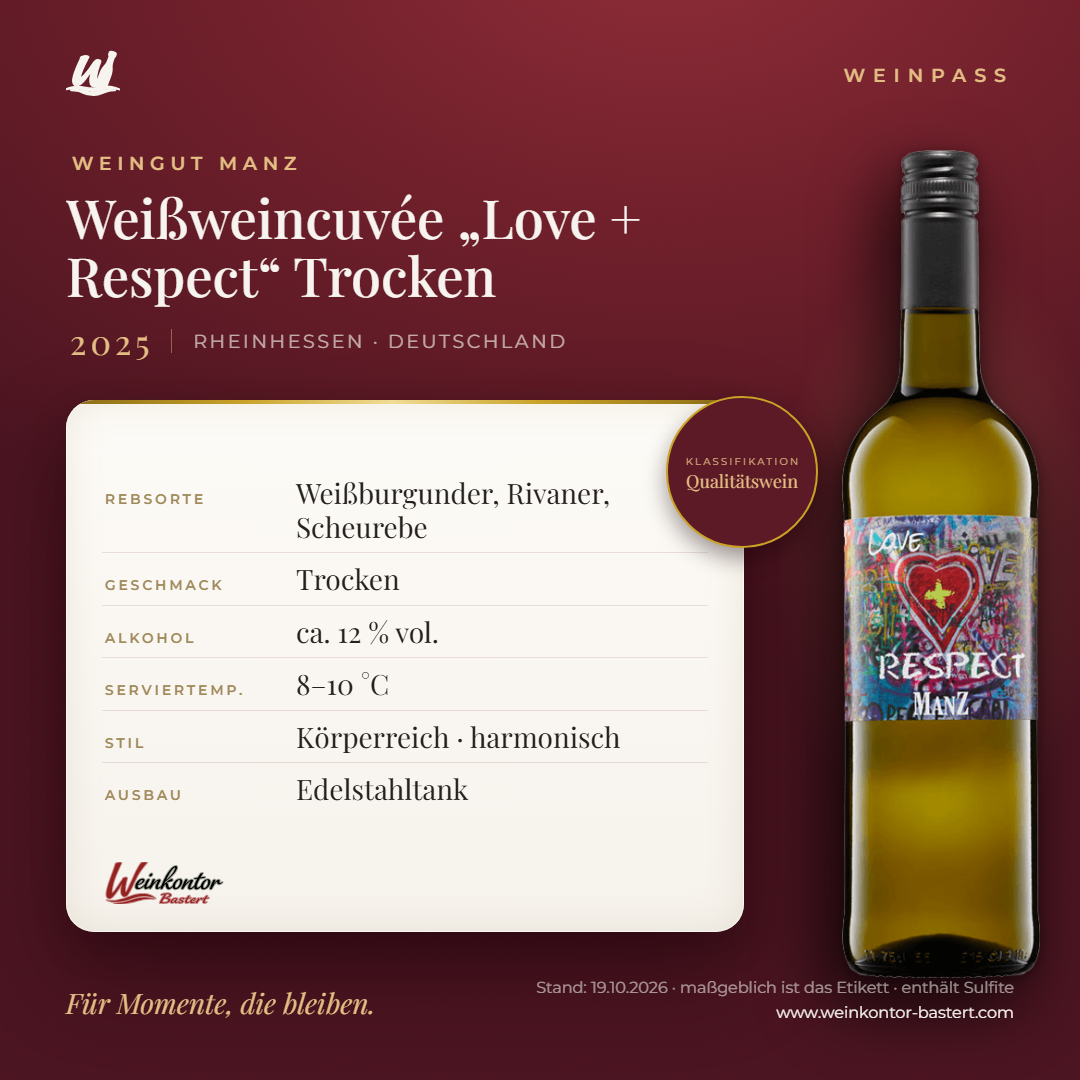 Weißweincuvée „Love + Respect“ Trocken Manz 6er-Karton – Rheinhessen – Weinpass | Weinkontor Bastert