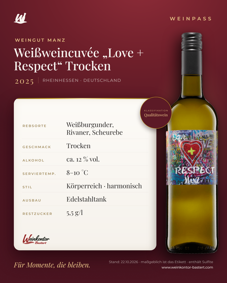 Weißweincuvée „Love + Respect“ Trocken Manz 6er-Karton – Rheinhessen – Weinpass | Weinkontor Bastert