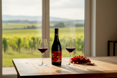 Flasche What the Duck Merlot Tannat mit zwei Gläsern Rotwein am Fenster mit Blick auf Weinberge