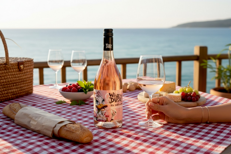 Flasche What the Duck Grenache Syrah Rosé beim Picknick auf rot karierter Decke am Meer