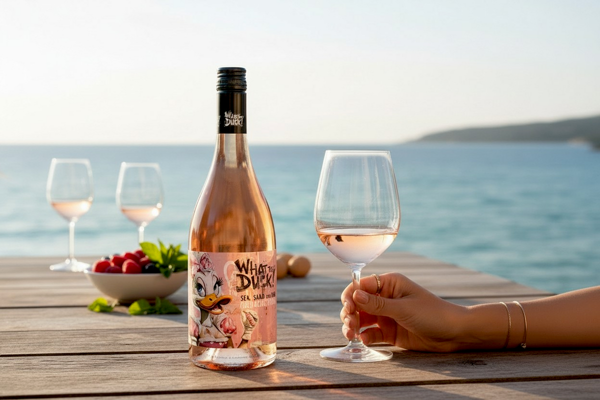 Flasche What the Duck Grenache Syrah Rosé mit Gläsern auf einem Tisch am Meer