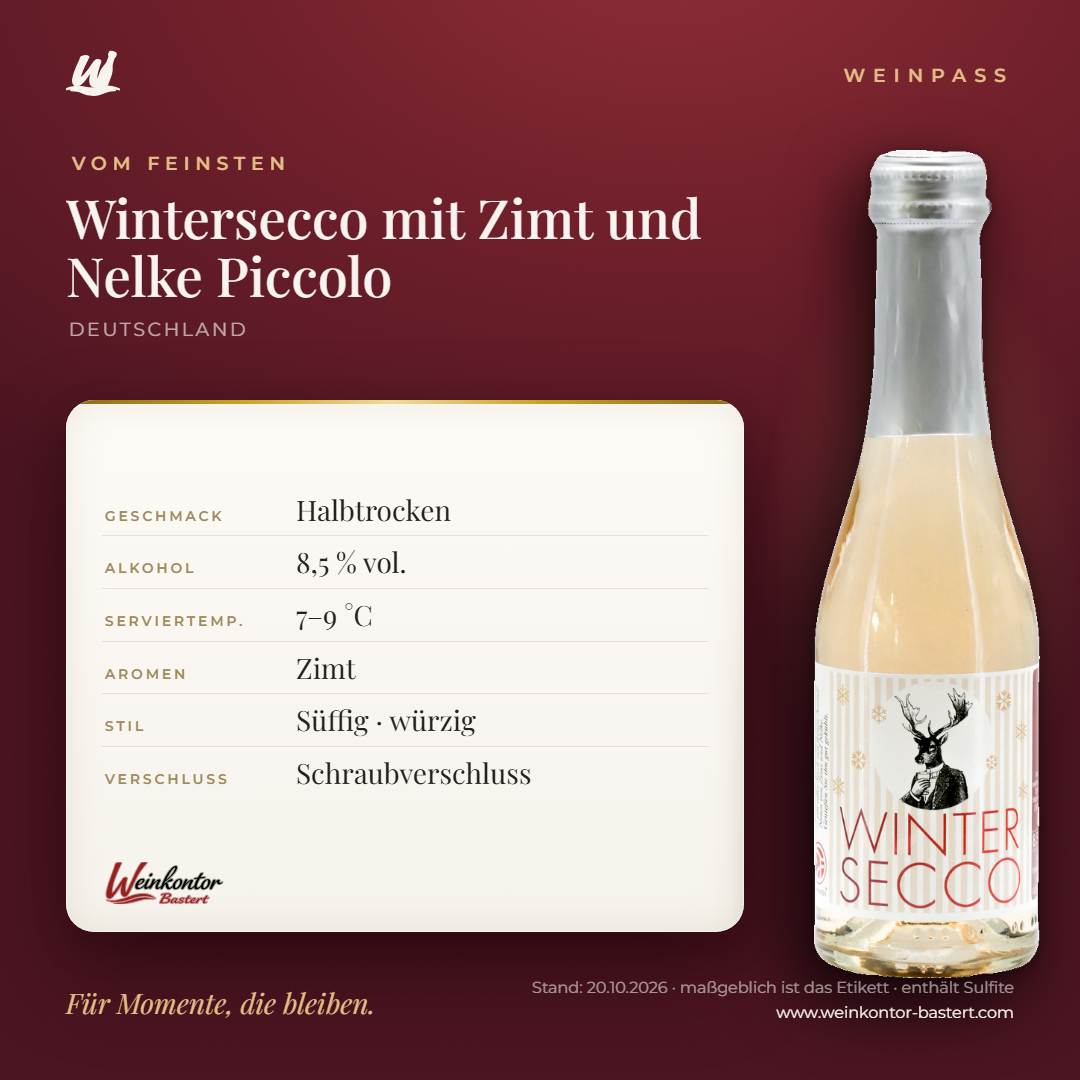 Wintersecco mit Zimt und Nelke Piccolo 0,2 l – Vom Feinsten – Weinpass | Weinkontor Bastert
